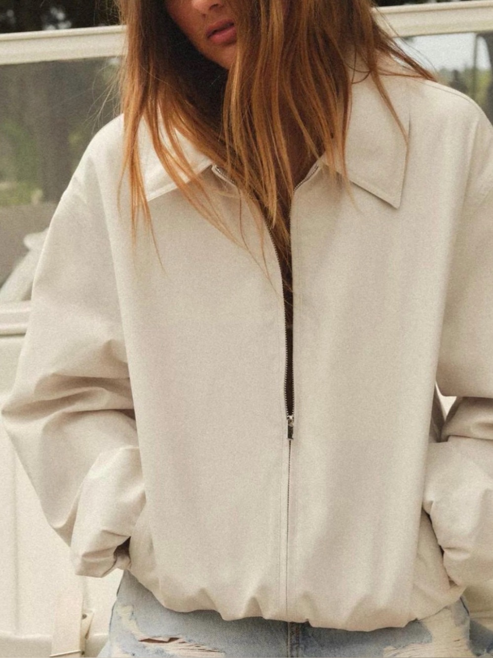 Zara Cream Zip Bomber Jacket